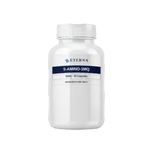 A white bottle of Eterna Peptides 5-Amino-1 MQ 50mg capsules