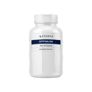 A single research bottle of Eterna Peptides Epithalon Epitalon 1mg longevity capsules.