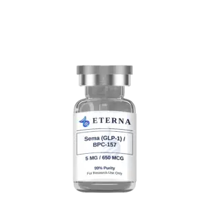 A single synergistic research vial of Eterna Peptides Semaglutide and BPC-157 5mg and 650mcg lyophilized peptide blend.