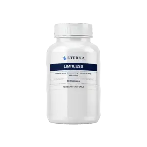 A single research bottle of Eterna Peptides Limitless 102.6mg neurogenic and cognitive optimization capsules.