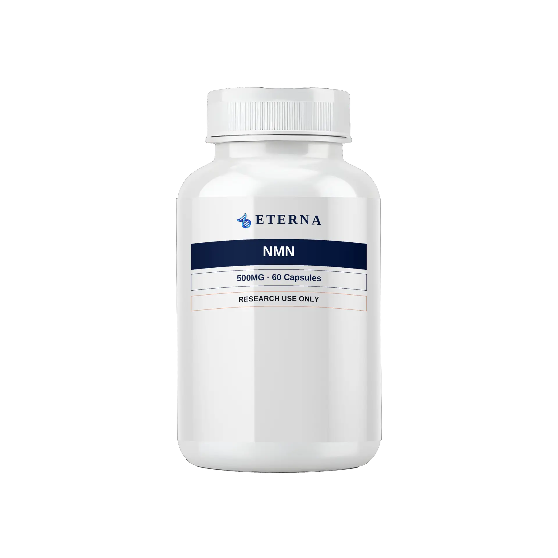 A single research bottle of Eterna Peptides NMN Capsules 500mg featuring pure Nicotinamide Mononucleotide.