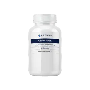 A single research bottle of Eterna Peptides Orfo Fuel Capsules 6.25mg oral metabolic and fat loss capsules.