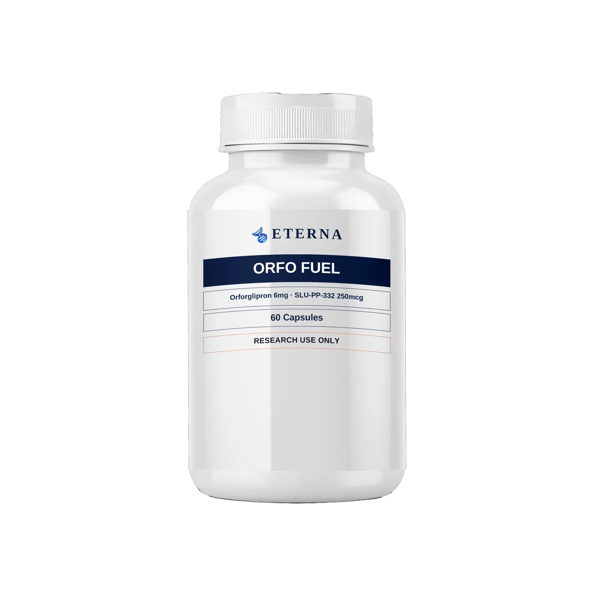 A single research bottle of Eterna Peptides Orfo Fuel Capsules 6.25mg oral metabolic and fat loss capsules.