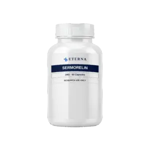 A single research bottle of Eterna Peptides Sermorelin Capsules 1mg growth hormone secretagogue oral capsules.