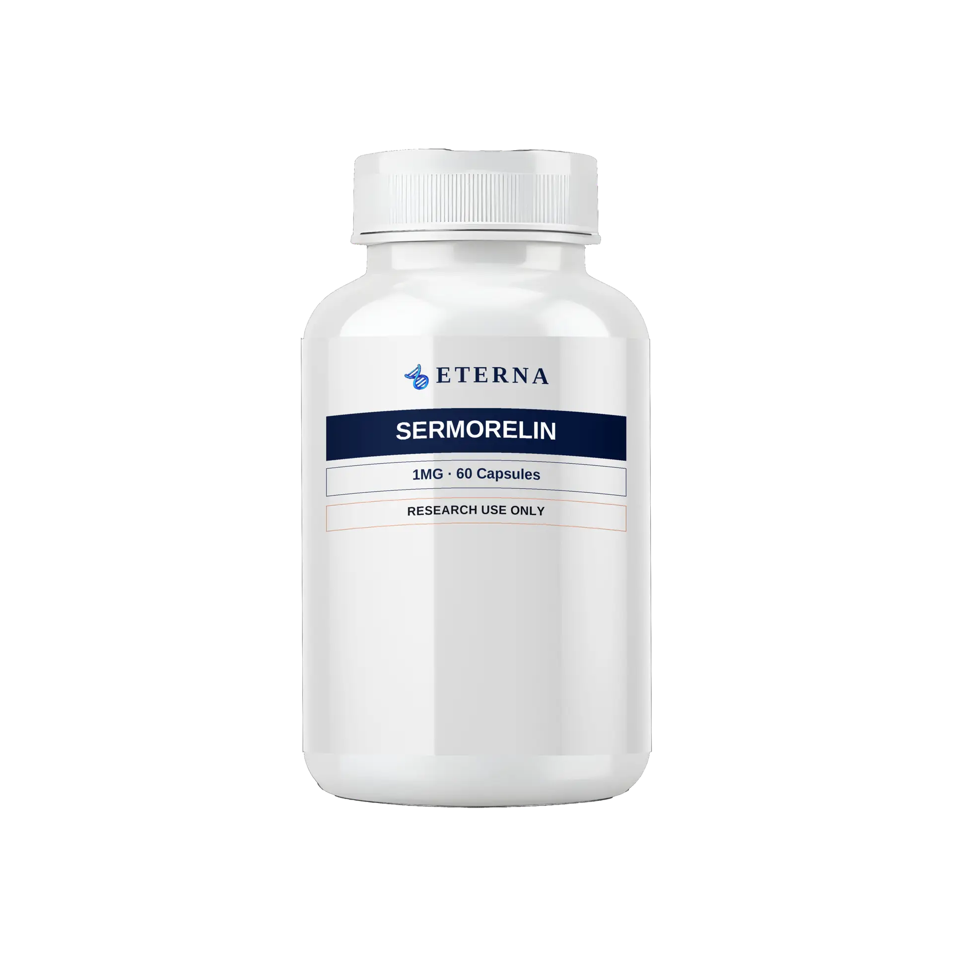 A single research bottle of Eterna Peptides Sermorelin Capsules 1mg growth hormone secretagogue oral capsules.