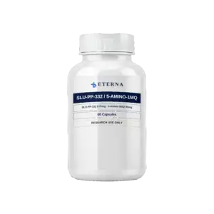 A single research bottle of Eterna Peptides SLU-PP-332 and 5-Amino-1MQ 50.25mg oral capsules.