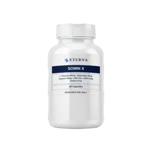 A single research bottle of Eterna Peptides Somni X Capsules 254.5mg oral sleep architecture and relaxation capsules.