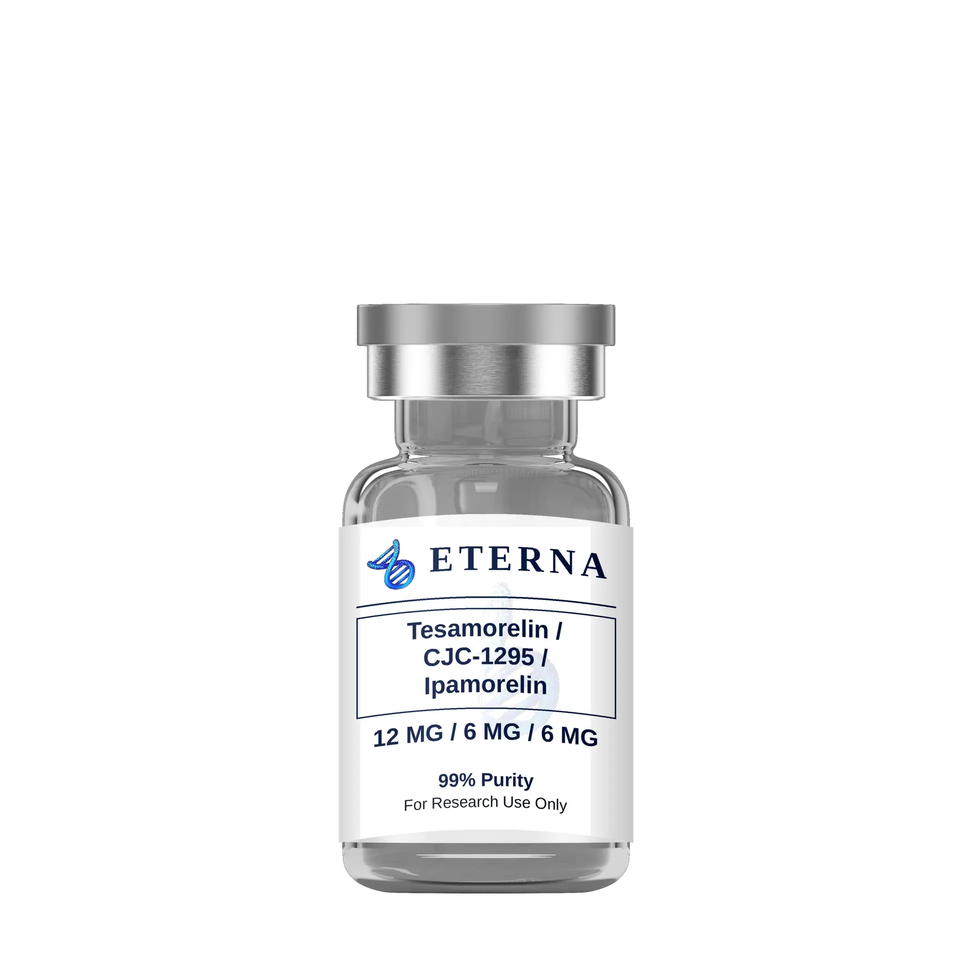 A single research vial of Eterna Peptides Tesamorelin, CJC-1295, and Ipamorelin triple blend lyophilized powder.
