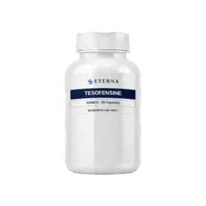 A single research bottle of Eterna Peptides Tesofensine 500mcg oral monoamine reuptake inhibitor capsules.
