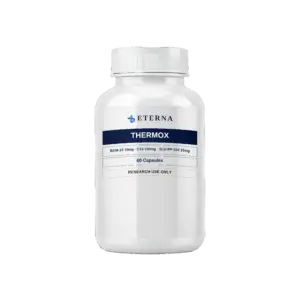 A single research bottle of Eterna Peptides Thermox Capsules 175mg containing 60 capsules of BAM-15, C15, and SLU-PP-332.