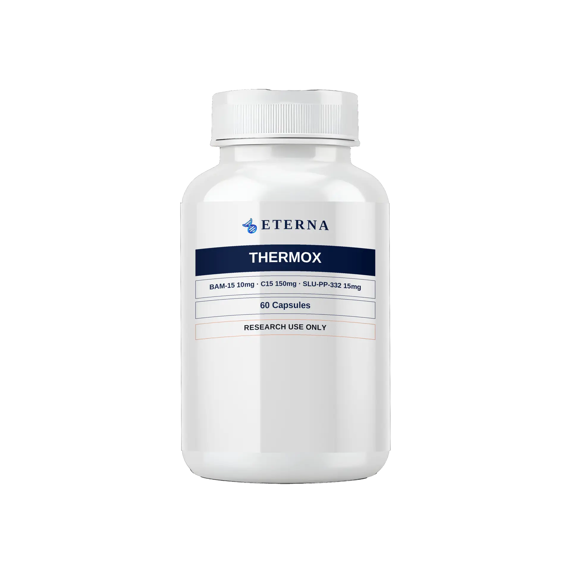 A single research bottle of Eterna Peptides Thermox Capsules 175mg containing 60 capsules of BAM-15, C15, and SLU-PP-332.