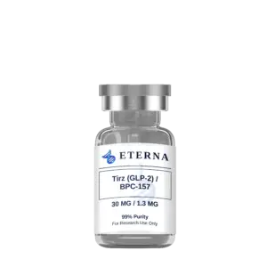 single research vial of Eterna Peptides Tirzepatide 30mg and BPC-157 1.3mg lyophilized powder blend.