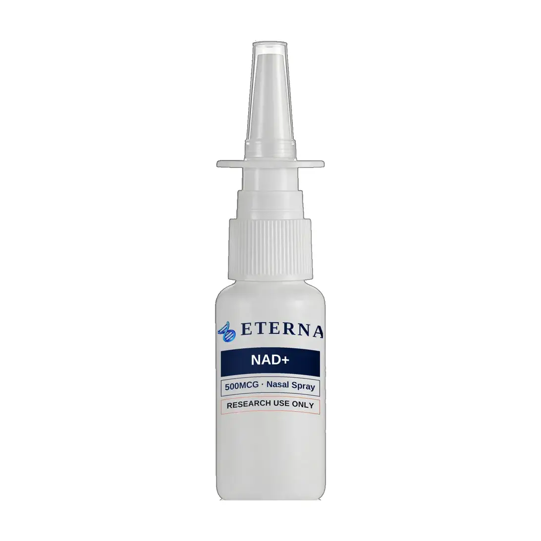 A single research bottle of Eterna Peptides NAD+ Nasal Spray 4500mg ultra-concentrated intranasal solution.