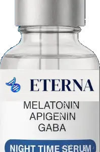 A single research bottle of Eterna Peptides Night Time Serum 30ml featuring Melatonin, Apigenin, and GABA.